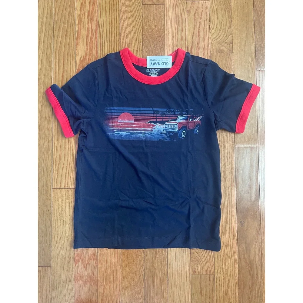 Old Navy Kids Navy Blue Red Ringer Graphic T-Shirt Truck Beach Sunset S 6-7 NWT